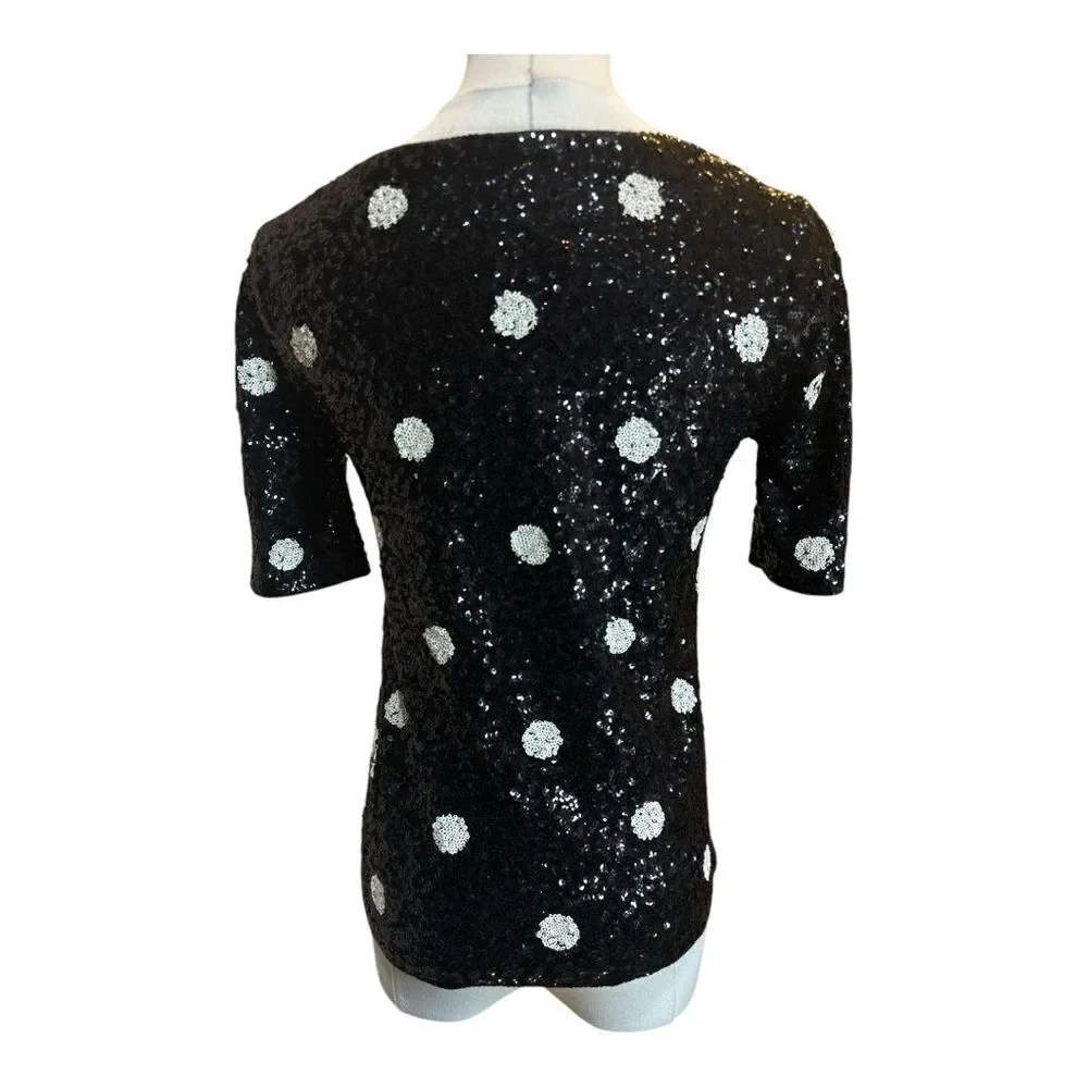 J. Crew XXS 100% Cotton Sequin Polka Dot Short Sleeve Top Party Blouse NWT Black